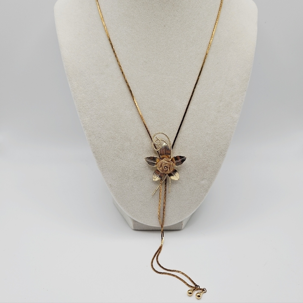 VINTAGE Gold Tone Mesh 3D Flower Sliding Lariat Y-Drop Necklace